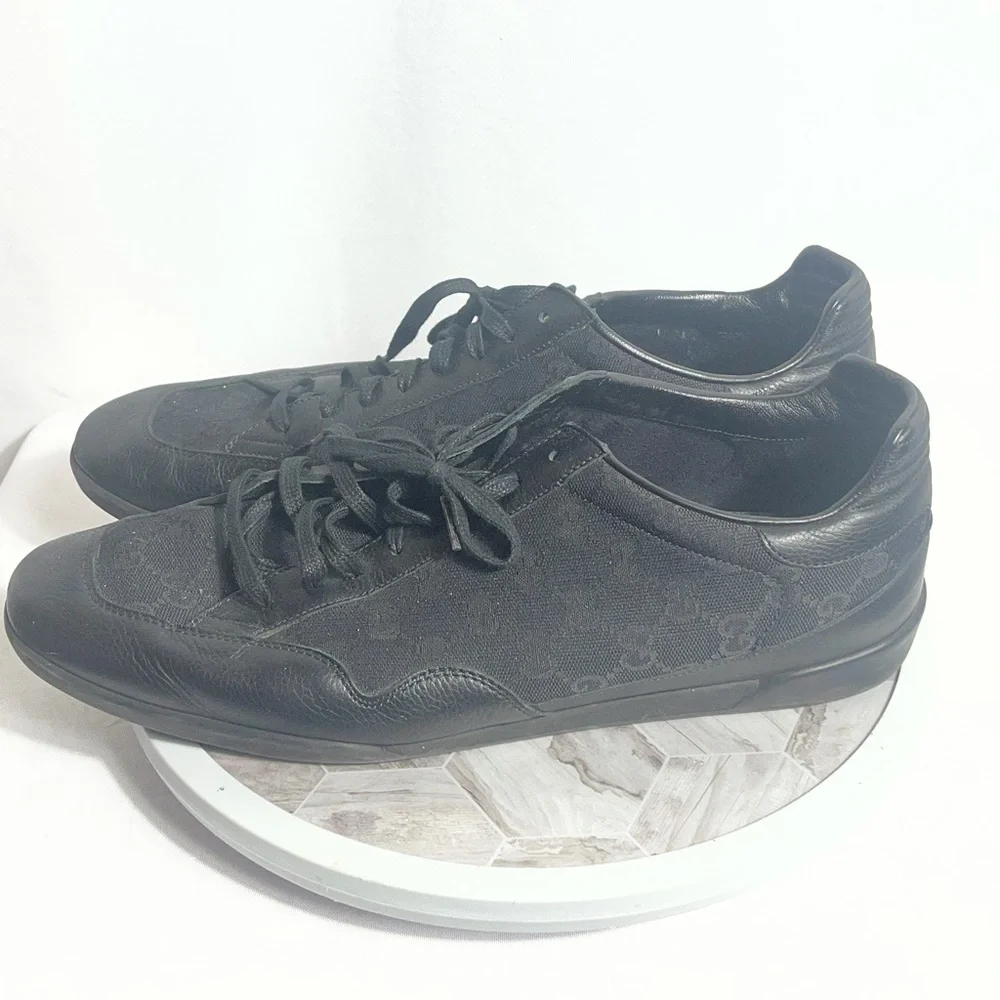 Gucci Black GG Canvas Leather Lace Up Sneakers Shoes Size 12 G